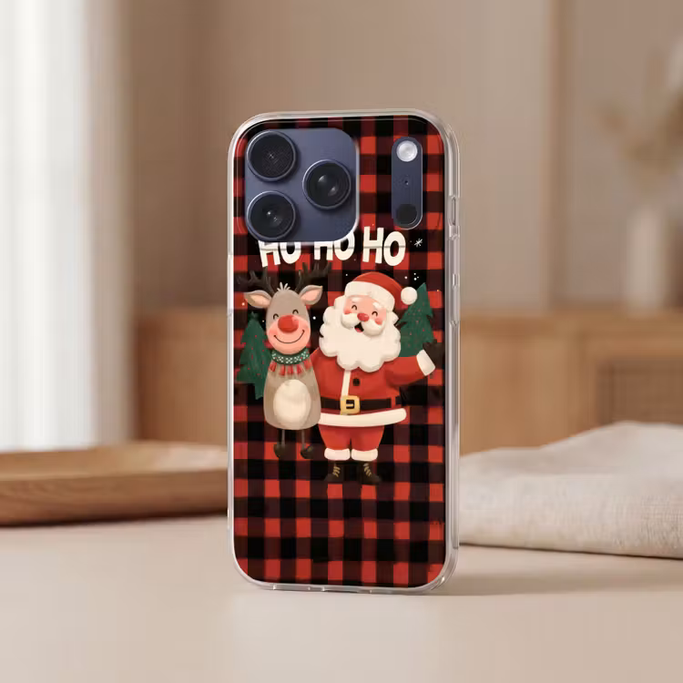 Kerstman - Rendier - Tekst - Rood - Zwart Telefoonhoesje iPhone 17 Pro klein -sfeer2