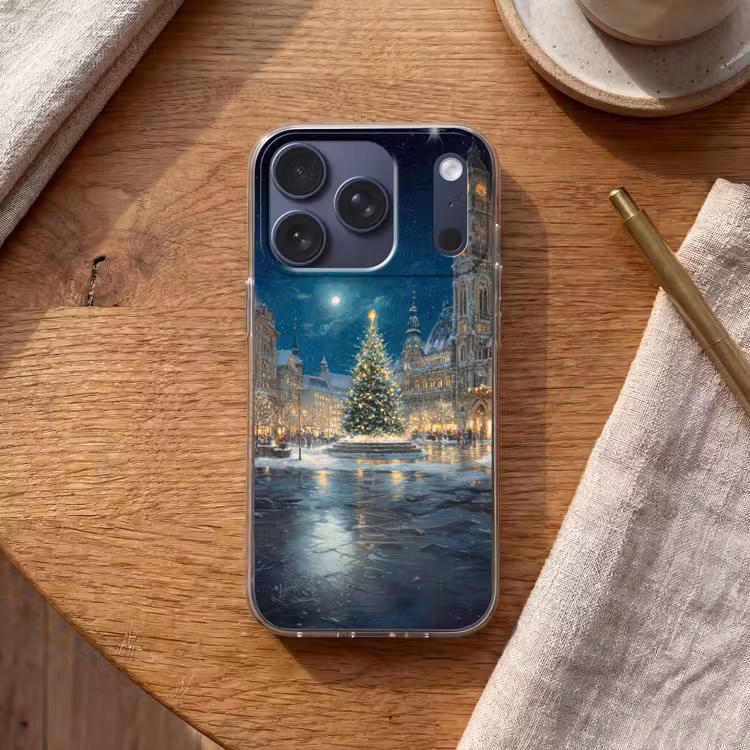 Kerstnacht - Stadsplein - Meerkleurig Telefoonhoesje iPhone 17 Pro klein -sfeer1