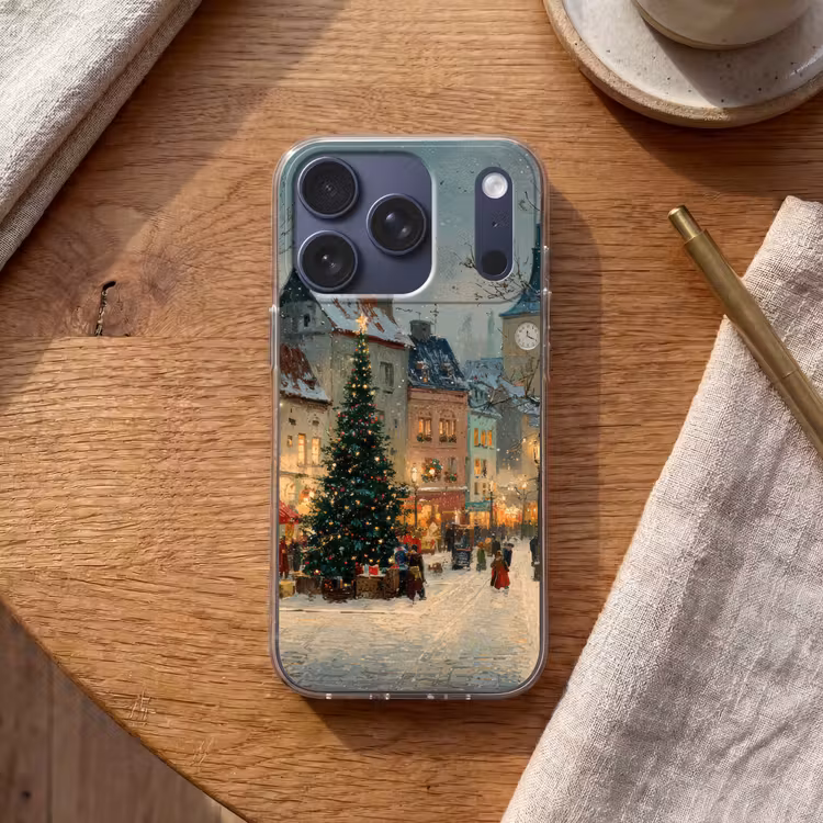 Kerstsfeer - Stadsplein - Kleurrijk Telefoonhoesje iPhone 17 Pro klein -sfeer1