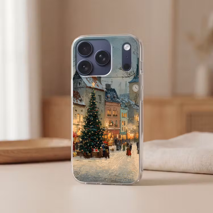 Kerstsfeer - Stadsplein - Kleurrijk Telefoonhoesje iPhone 17 Pro klein -sfeer2