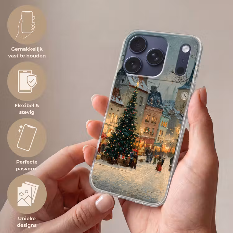 Kerstsfeer - Stadsplein - Kleurrijk Telefoonhoesje iPhone 17 Pro klein -sfeer3_NL