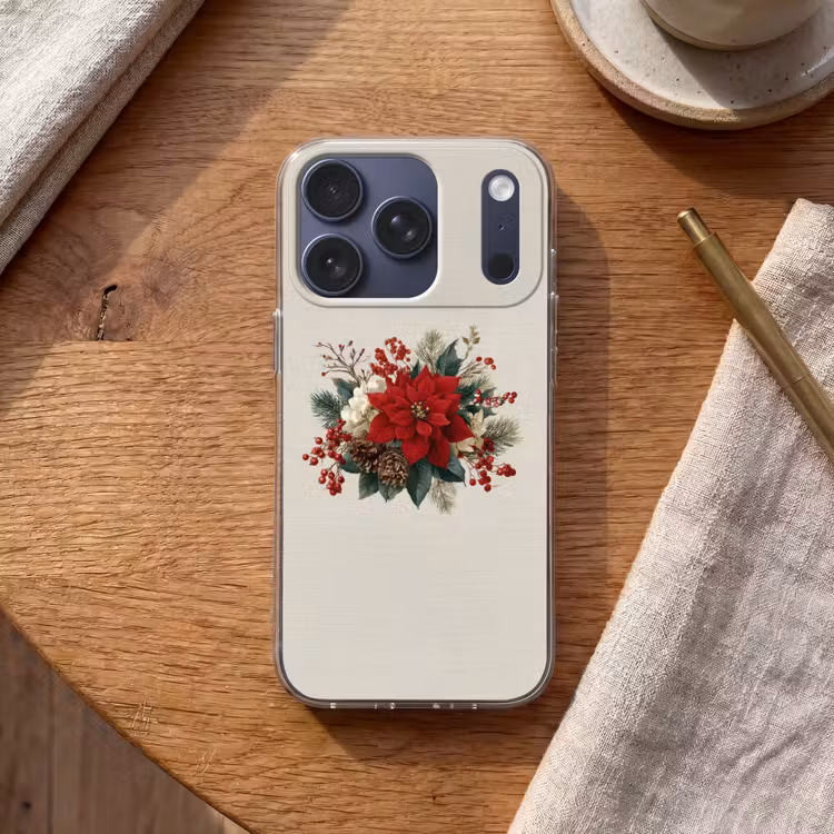 Kerststuk - Poinsettia - Dennenappels - Rood Telefoonhoesje iPhone 17 Pro klein -sfeer1