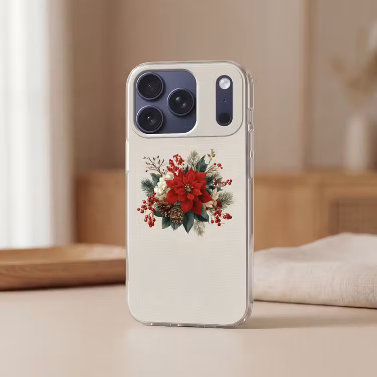 Kerststuk - Poinsettia - Dennenappels - Rood Telefoonhoesje iPhone 17 Pro klein -sfeer2