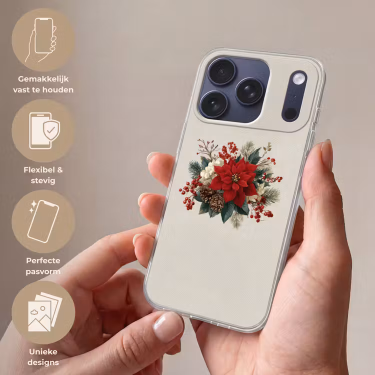 Kerststuk - Poinsettia - Dennenappels - Rood Telefoonhoesje iPhone 17 Pro klein -sfeer3_NL