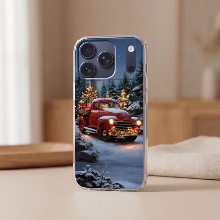 Kersttruck - Sneeuwbos - Rood Telefoonhoesje iPhone 17 Pro klein -sfeer2