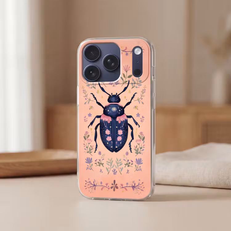 Kever - Donkerblauw - Bloemen - Sierlijk Telefoonhoesje iPhone 17 Pro klein -sfeer2