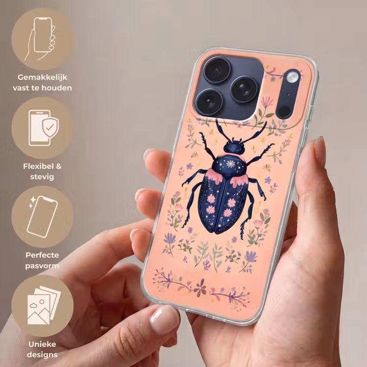 Kever - Donkerblauw - Bloemen - Sierlijk Telefoonhoesje iPhone 17 Pro klein -sfeer3_NL