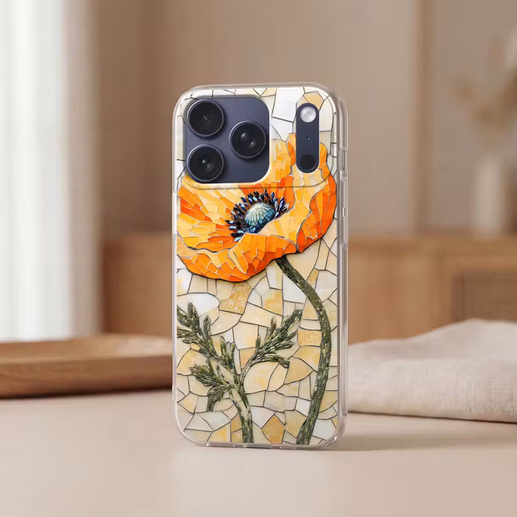 Klaprozen - Oranje - Mozaïek - Bladeren Telefoonhoesje iPhone 17 Pro klein -sfeer2