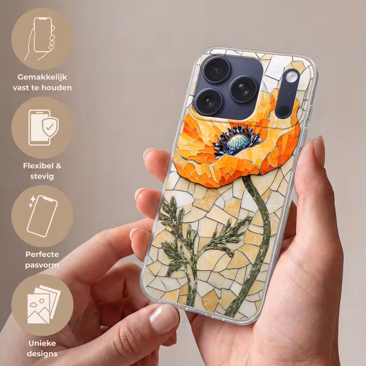 Klaprozen - Oranje - Mozaïek - Bladeren Telefoonhoesje iPhone 17 Pro klein -sfeer3_NL