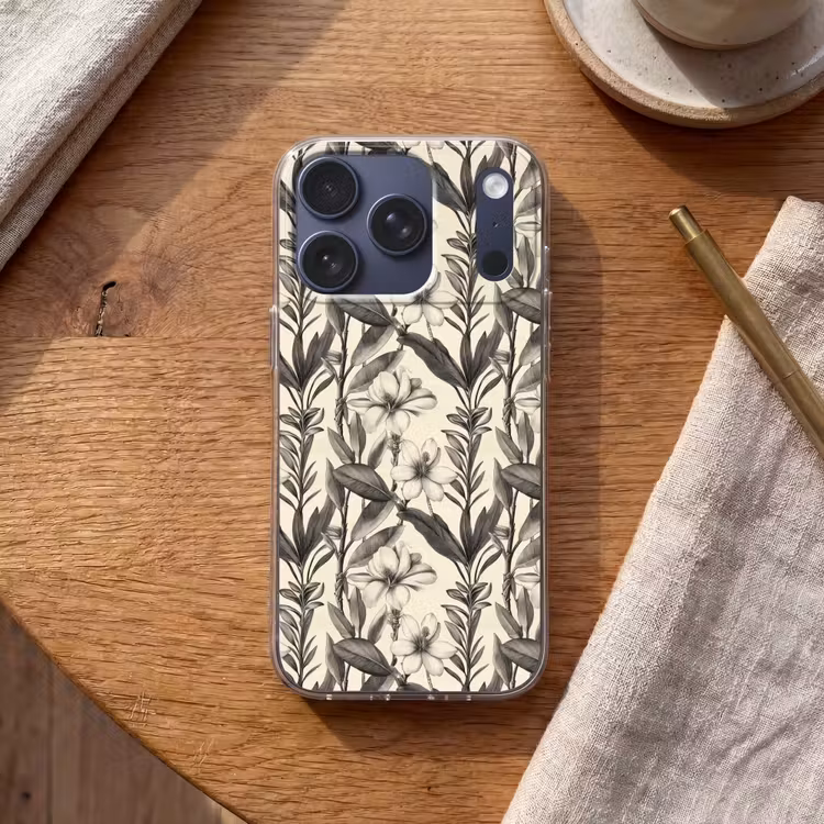 Klassiek - Botanisch - Zwart - Beige Telefoonhoesje iPhone 17 Pro klein 878 -sfeer1