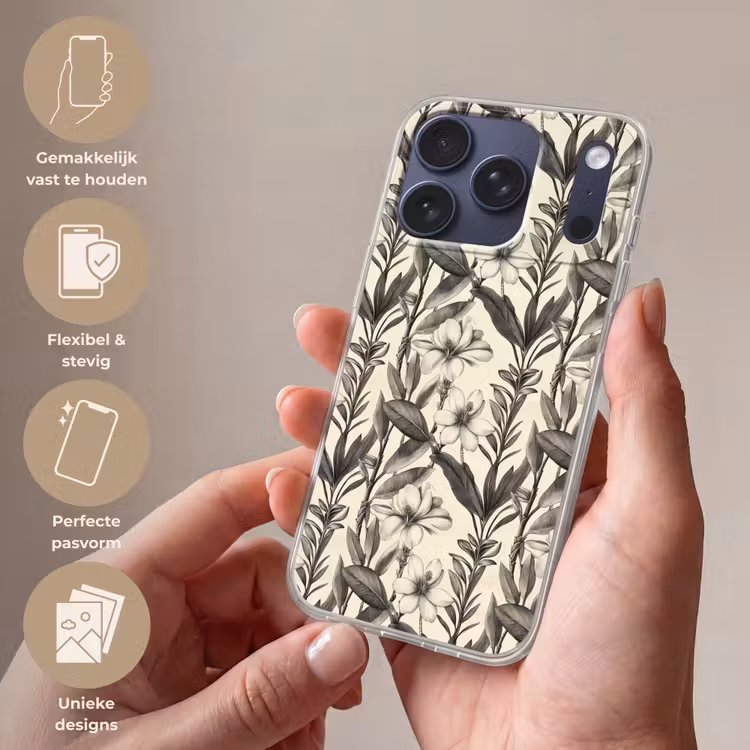 Klassiek - Botanisch - Zwart - Beige Telefoonhoesje iPhone 17 Pro klein 878 -sfeer3_NL