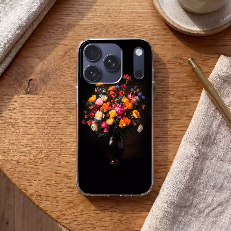 Kleurrijk - Boeket - Vaas - Donkerbruin Telefoonhoesje iPhone 17 Pro klein -sfeer1