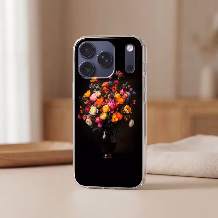 Kleurrijk - Boeket - Vaas - Donkerbruin Telefoonhoesje iPhone 17 Pro klein -sfeer2