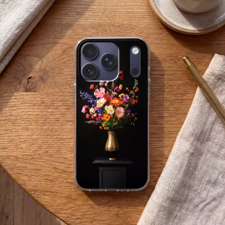 Kleurrijk - Boeket - Vaas - Goud Telefoonhoesje iPhone 17 Pro klein -sfeer1