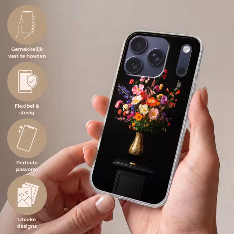 Kleurrijk - Boeket - Vaas - Goud Telefoonhoesje iPhone 17 Pro klein -sfeer3_NL