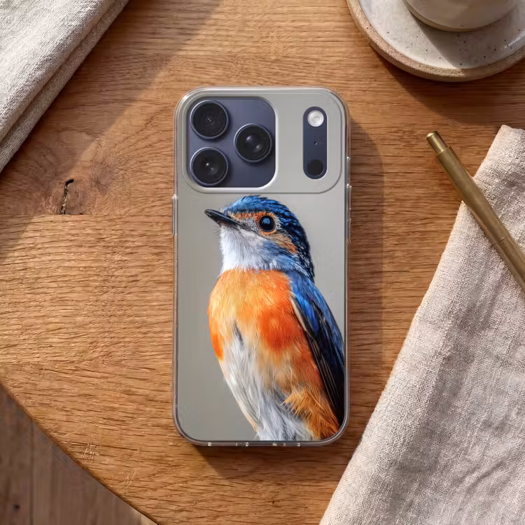 Kleurrijk - Vogeltje - Veren - Blauw Telefoonhoesje iPhone 17 Pro klein -sfeer1