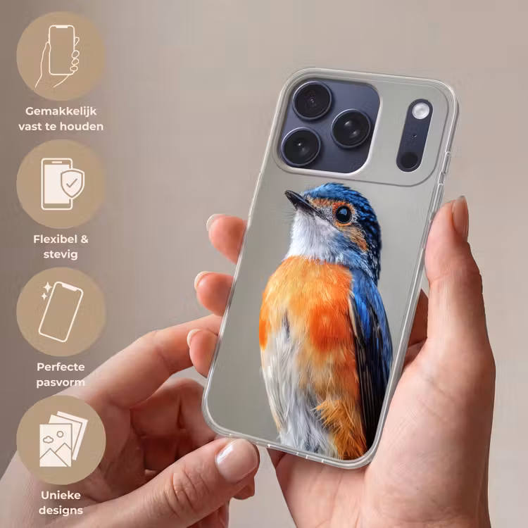Kleurrijk - Vogeltje - Veren - Blauw Telefoonhoesje iPhone 17 Pro klein -sfeer3_NL