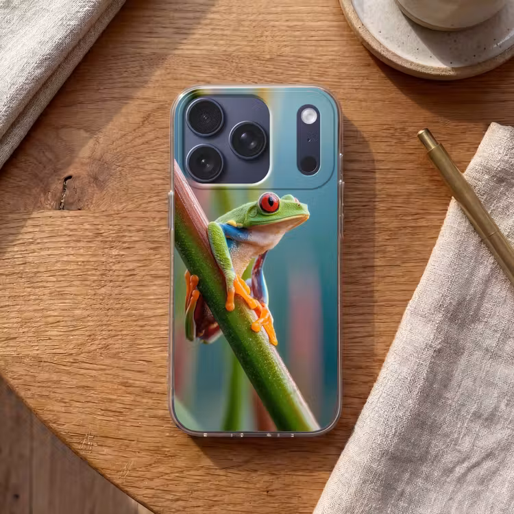 Kleurrijke kikker - Groene stengel - Alert Telefoonhoesje iPhone 17 Pro klein -sfeer1