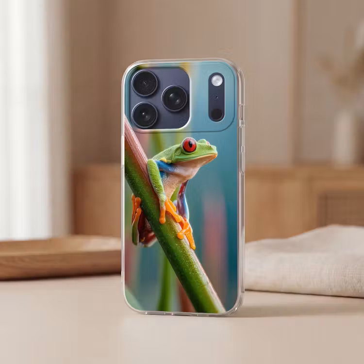 Kleurrijke kikker - Groene stengel - Alert Telefoonhoesje iPhone 17 Pro klein -sfeer2