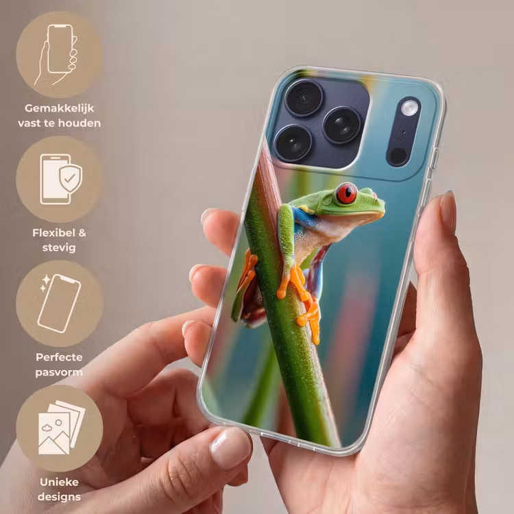 Kleurrijke kikker - Groene stengel - Alert Telefoonhoesje iPhone 17 Pro klein -sfeer3_NL