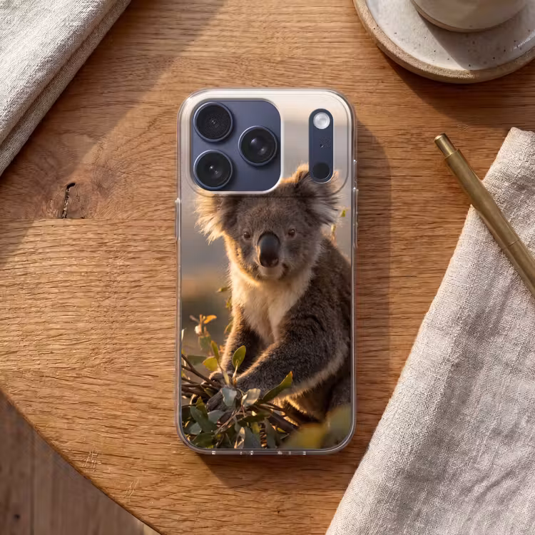 Koala - Bladeren - Ochtendlicht Telefoonhoesje iPhone 17 Pro klein -sfeer1