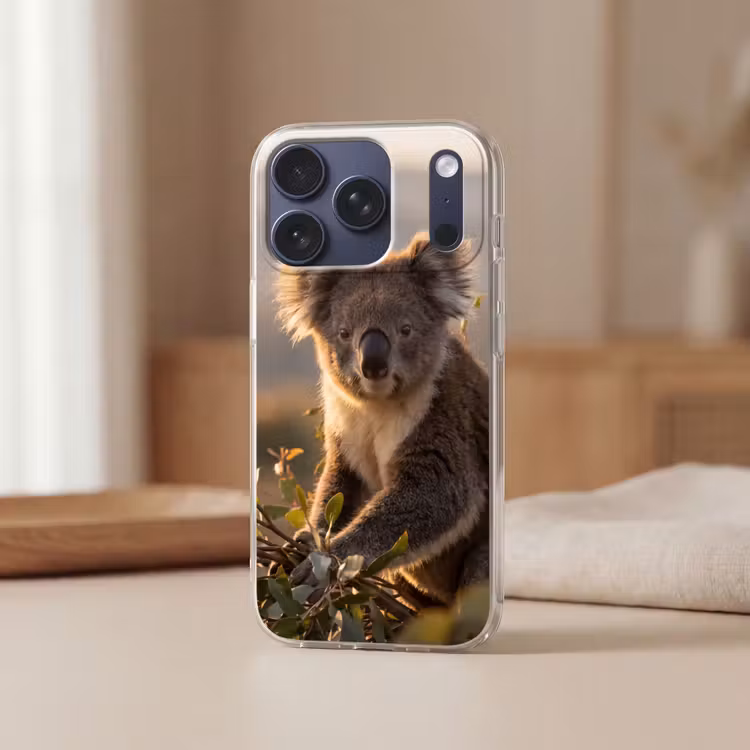 Koala - Bladeren - Ochtendlicht Telefoonhoesje iPhone 17 Pro klein -sfeer2