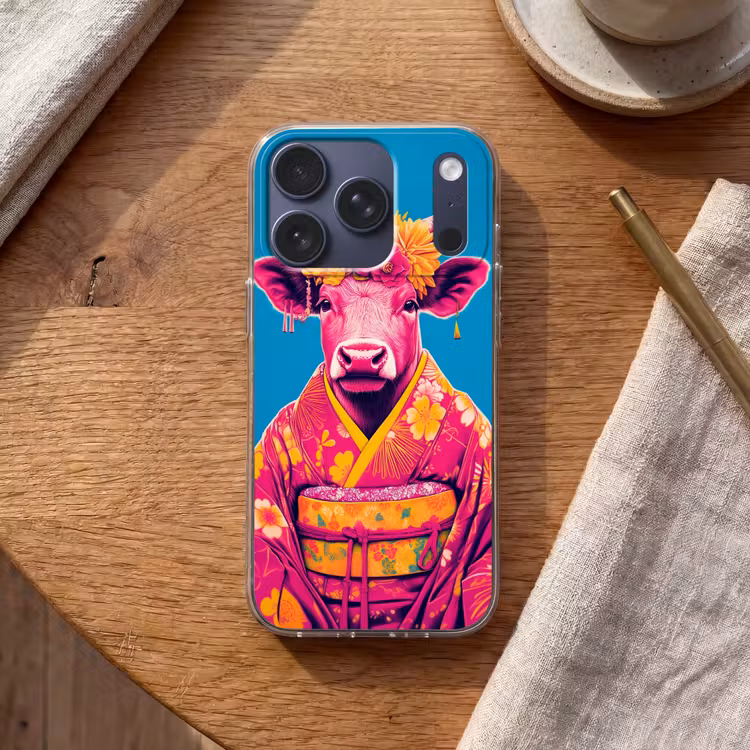 Koe - Bloemenkrans - Oorhangers - Kimono Telefoonhoesje iPhone 17 Pro klein -sfeer1