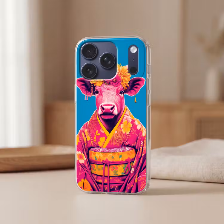Koe - Bloemenkrans - Oorhangers - Kimono Telefoonhoesje iPhone 17 Pro klein -sfeer2