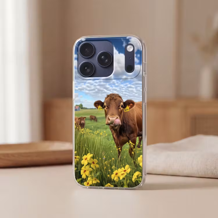 Koe - Weide - Bloemen Telefoonhoesje iPhone 17 Pro klein -sfeer2