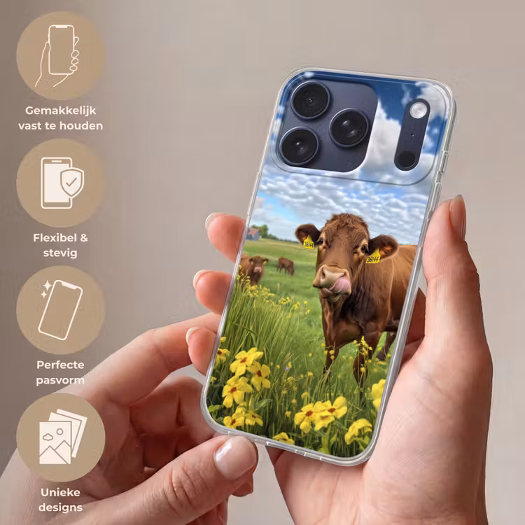 Koe - Weide - Bloemen Telefoonhoesje iPhone 17 Pro klein -sfeer3_NL