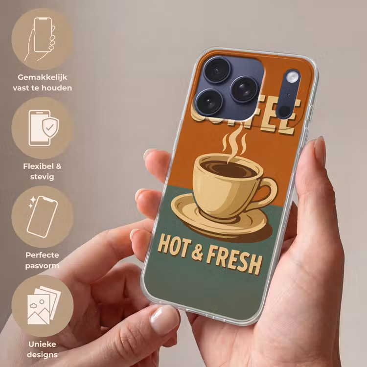 Koffie - Kop - Vintage - Quote Telefoonhoesje iPhone 17 Pro klein -sfeer3_NL