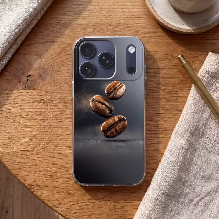 Koffiebonen - Zwevend - Grijs Telefoonhoesje iPhone 17 Pro klein -sfeer1