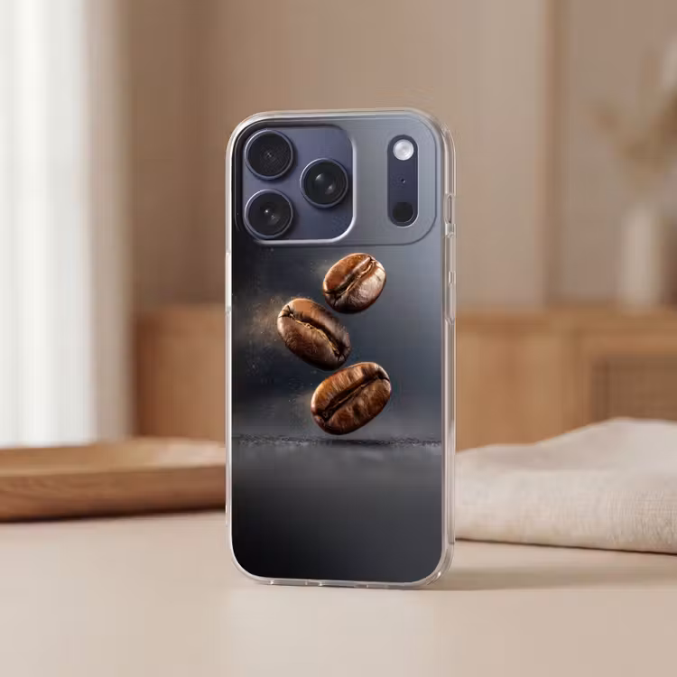Koffiebonen - Zwevend - Grijs Telefoonhoesje iPhone 17 Pro klein -sfeer2