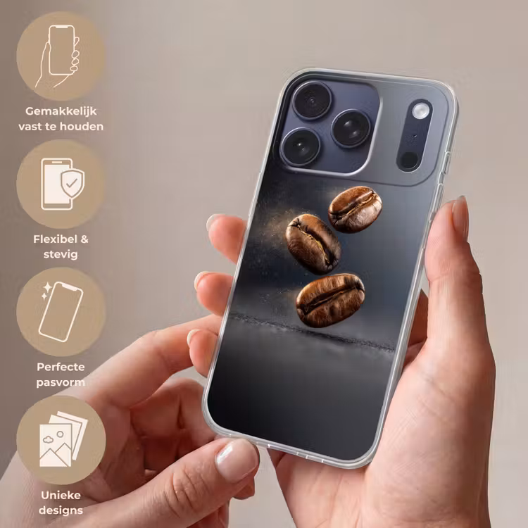Koffiebonen - Zwevend - Grijs Telefoonhoesje iPhone 17 Pro klein -sfeer3_NL