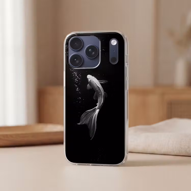 Koi - Vis - Wit - Zwart Telefoonhoesje iPhone 17 Pro klein -sfeer2