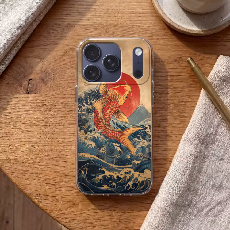 Koi - Zee - Golven - Zon Telefoonhoesje iPhone 17 Pro klein -sfeer1