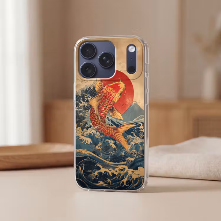 Koi - Zee - Golven - Zon Telefoonhoesje iPhone 17 Pro klein -sfeer2