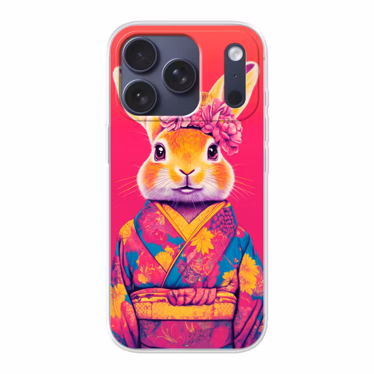 Konijn - Bloemen - Kleurrijk - Kimono Telefoonhoesje iPhone 17 Pro klein -3d