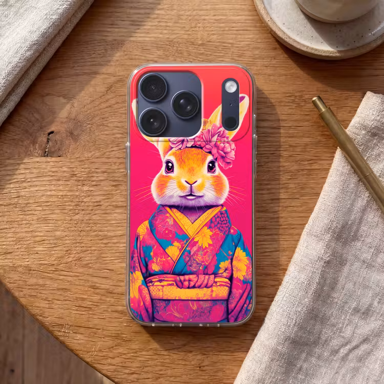 Konijn - Bloemen - Kleurrijk - Kimono Telefoonhoesje iPhone 17 Pro klein -sfeer1