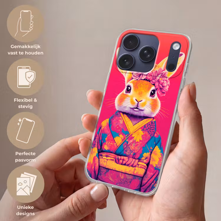 Konijn - Bloemen - Kleurrijk - Kimono Telefoonhoesje iPhone 17 Pro klein -sfeer3_NL
