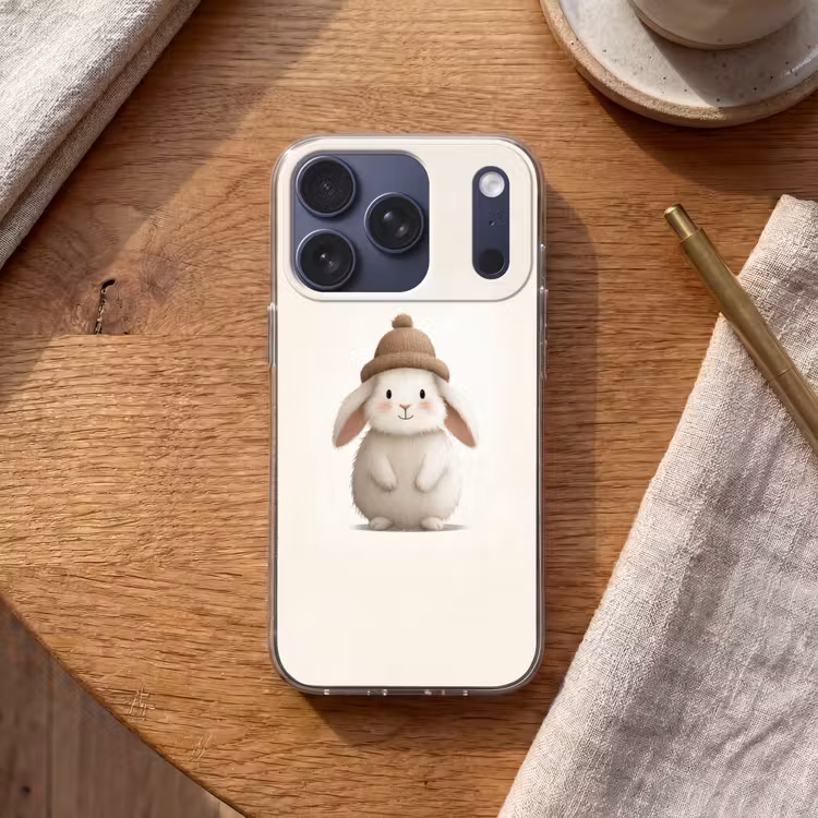 Konijn - Muts - Oren - Beige Telefoonhoesje iPhone 17 Pro klein -sfeer1
