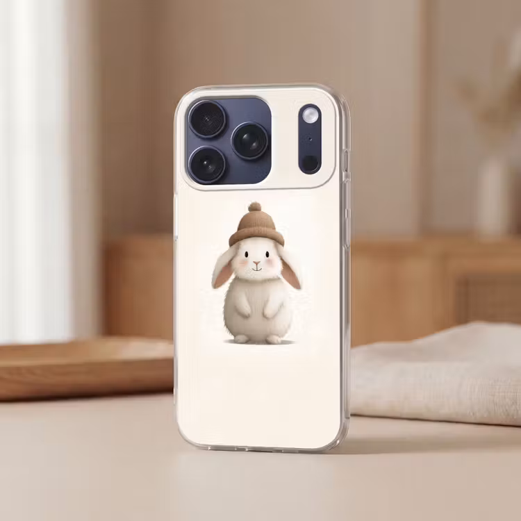 Konijn - Muts - Oren - Beige Telefoonhoesje iPhone 17 Pro klein -sfeer2