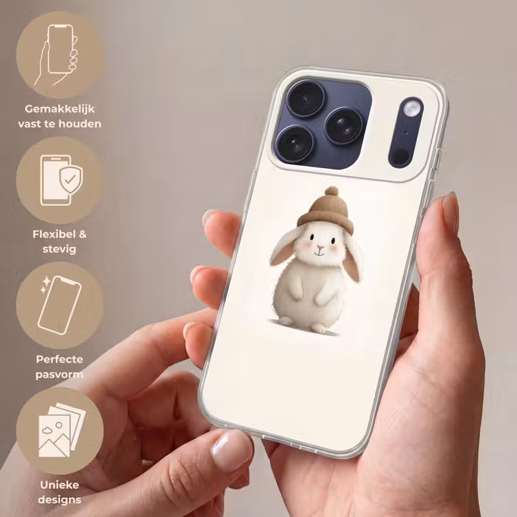 Konijn - Muts - Oren - Beige Telefoonhoesje iPhone 17 Pro klein -sfeer3_NL