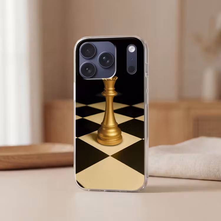 Koningin - Schaakstuk - Geblokt - Goud Telefoonhoesje iPhone 17 Pro klein -sfeer2