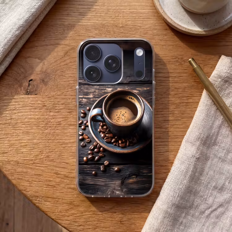 Kop - Koffie - Hout - Bonen Telefoonhoesje iPhone 17 Pro klein -sfeer1