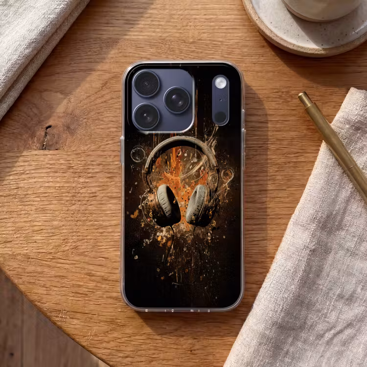 Koptelefoon - Bruin - Dynamische penseelstreken Telefoonhoesje iPhone 17 Pro klein -sfeer1