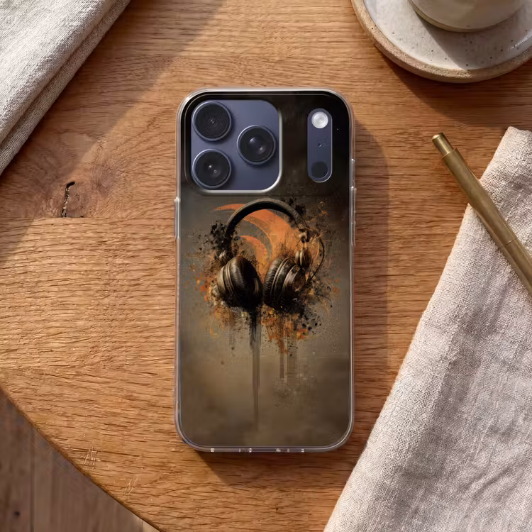 Koptelefoon - Bruin - Verf - Vintage Telefoonhoesje iPhone 17 Pro klein -sfeer1