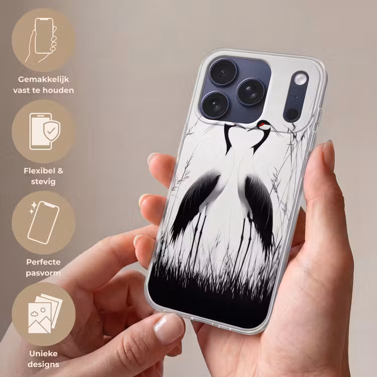 Kraanvogels - Gras - Hartvorm - Zwart Telefoonhoesje iPhone 17 Pro klein -sfeer3_NL