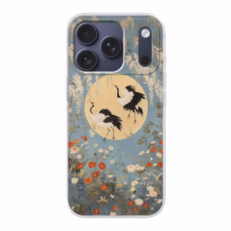 Kraanvogels - Maan - Bloemen - Blauw Telefoonhoesje iPhone 17 Pro klein -3d