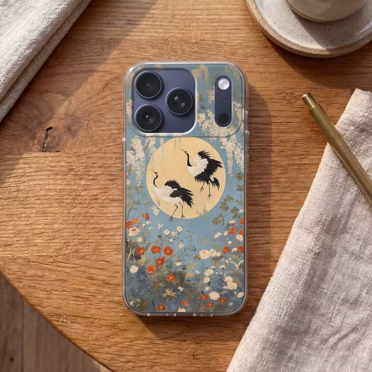 Kraanvogels - Maan - Bloemen - Blauw Telefoonhoesje iPhone 17 Pro klein -sfeer1